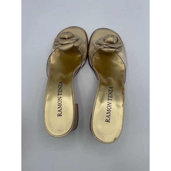 Vintage Ramon Tenza Gold Leather Floral Slide Sandals Clear Strap 8N Spain Rare - Picture 6 of 7